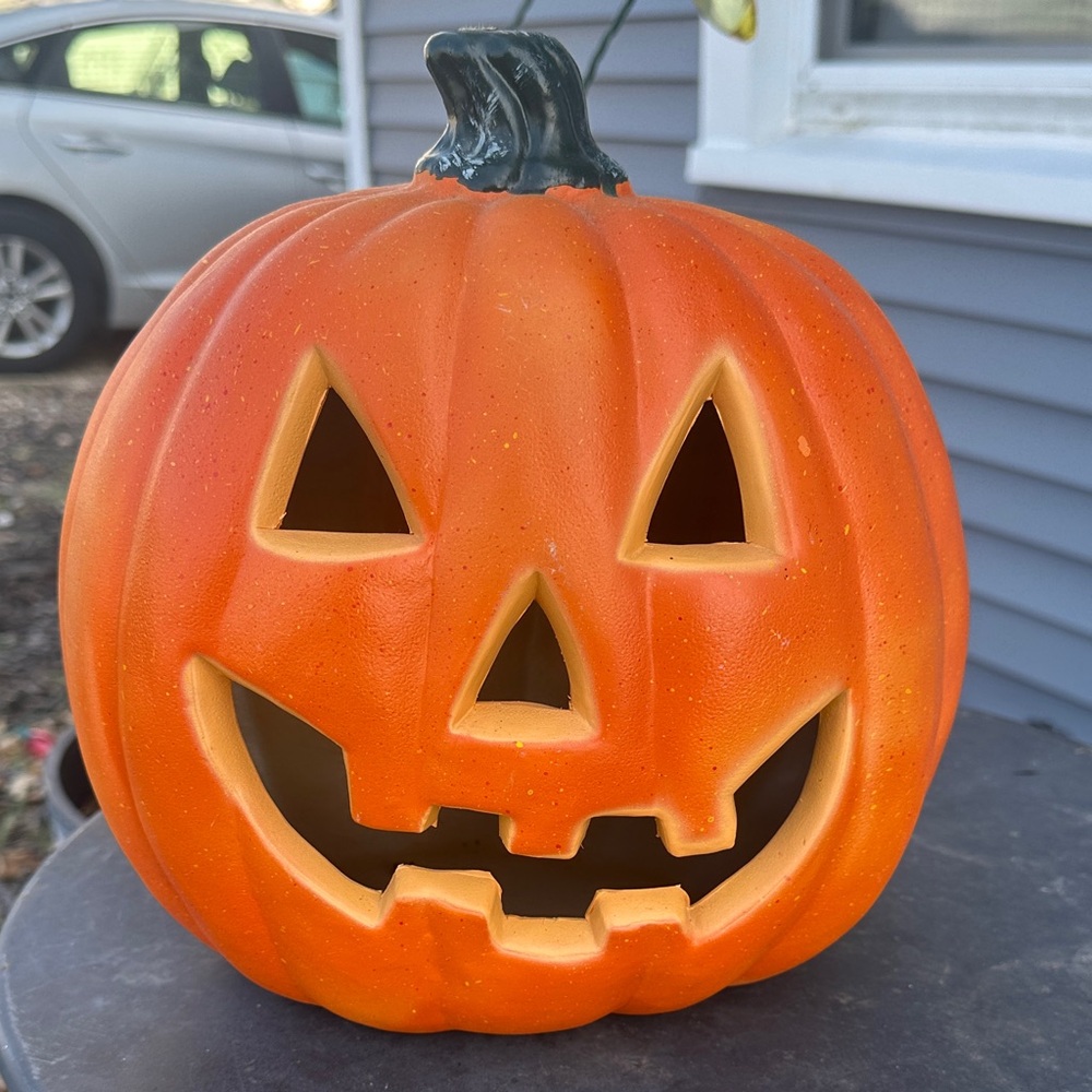 Vintage Ceramic Jack-O'-Lantern Pumpkin Lantern in Bright Orange